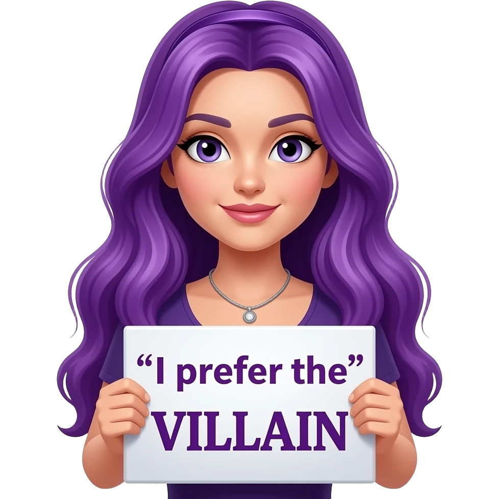 sexy girl with long purple hair holding a I prefer the VILLAIN sign emoji