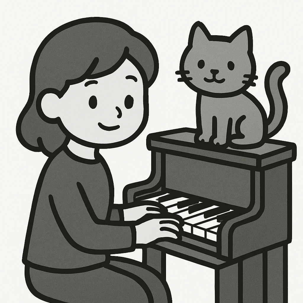 woman playing piano while her cat sits on top of the piano emoji