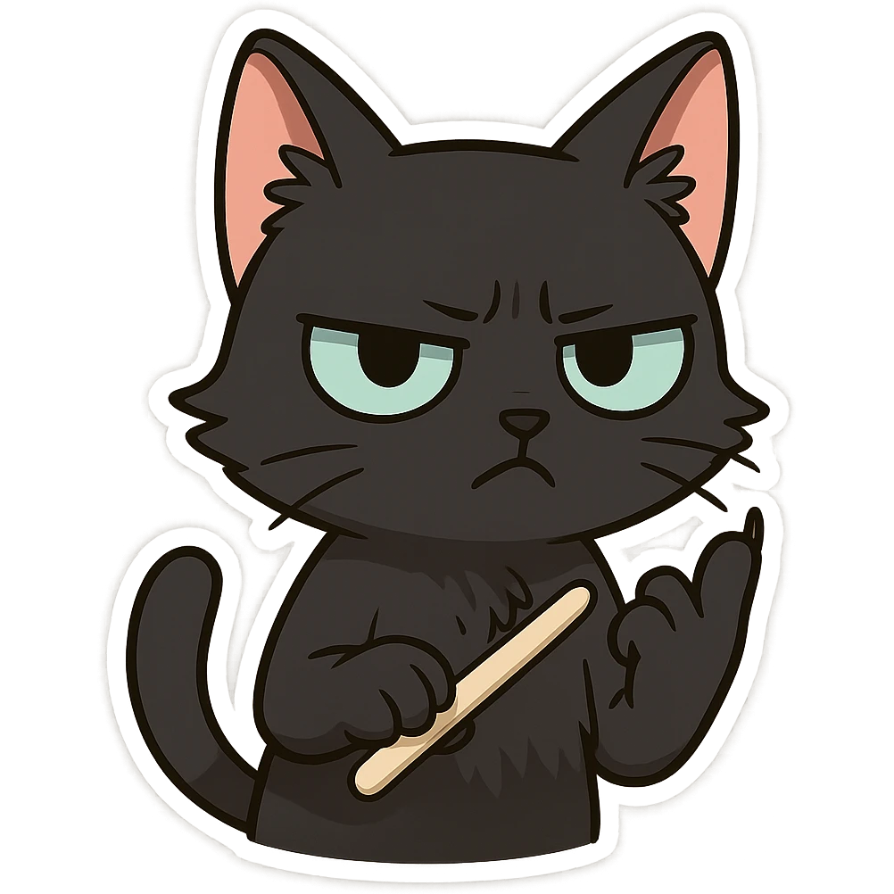 A black cat with an impatient expression, holding up its pinky finger and sharpening its claws with a nail knife emoji