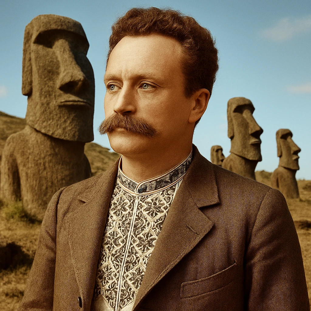 against the backdrop of statues on Easter Island emoji