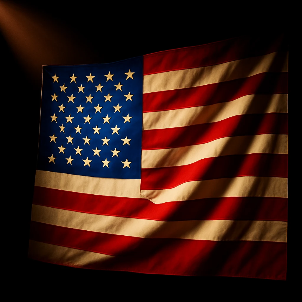Make the image lighter and more colorful while preserving the dramatic lighting, dark background, and overall composition with the USA flag. Maintain the style and mood of the original image with enhanced brightness and vivid colors. emoji