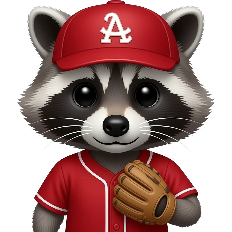 baseball player racoon, closeup with glove red jersey emoji