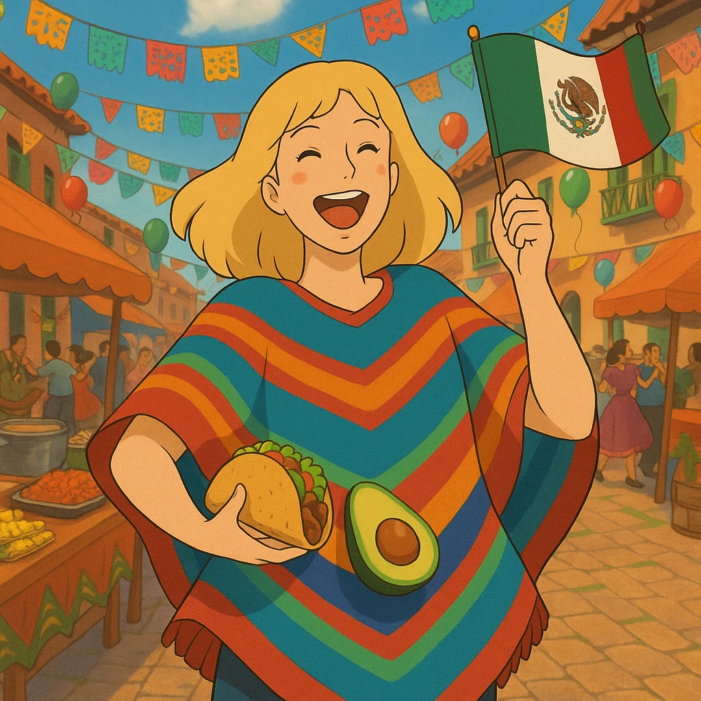 cartoon of a tall blonde woman in a colorful poncho, smiling, holding a taco and avocado, waving a Mexico flag, dancing in a festive street party background with food and decorations emoji