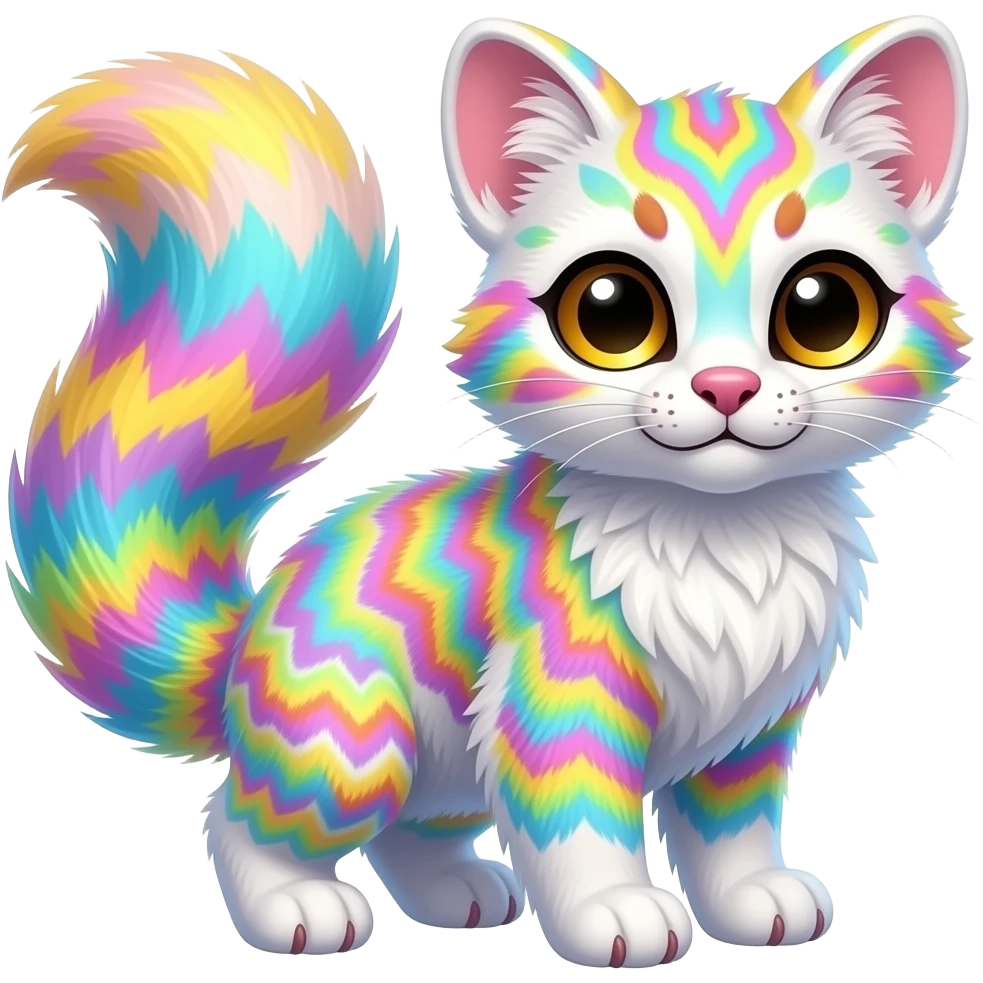 Colorful tropical tribal pale light fruity pastel white glorious iridescent divine exotic cute albino neon vibrant zigzagged cool beautiful fantasy-caracal-civet-genet-sergal-vernid-Gryphon-Cacomistle-Trico-oncilla-animal-Fakémon-hybrid-fursona (full body), facial markings, emoji