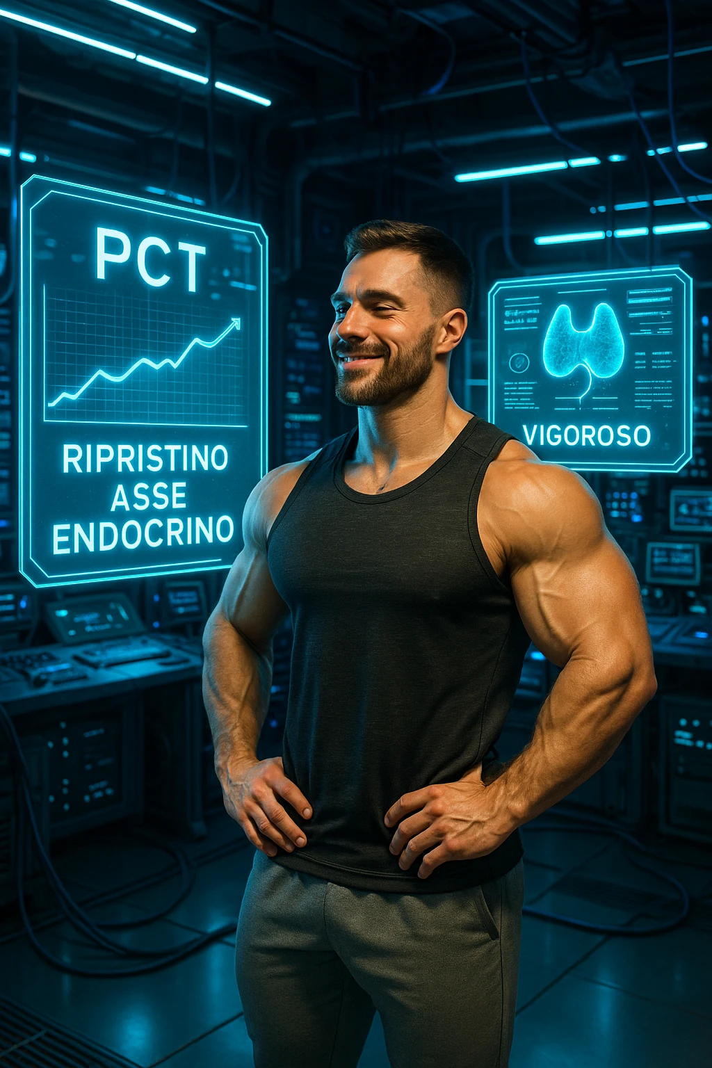 "Un uomo bodybuilder (30-35 anni) in un laboratorio biohacker futurista, circondato da ologrammi che mostrano il ripristino vigoroso del suo asse endocrino dopo una PCT di successo. in italiano emoji