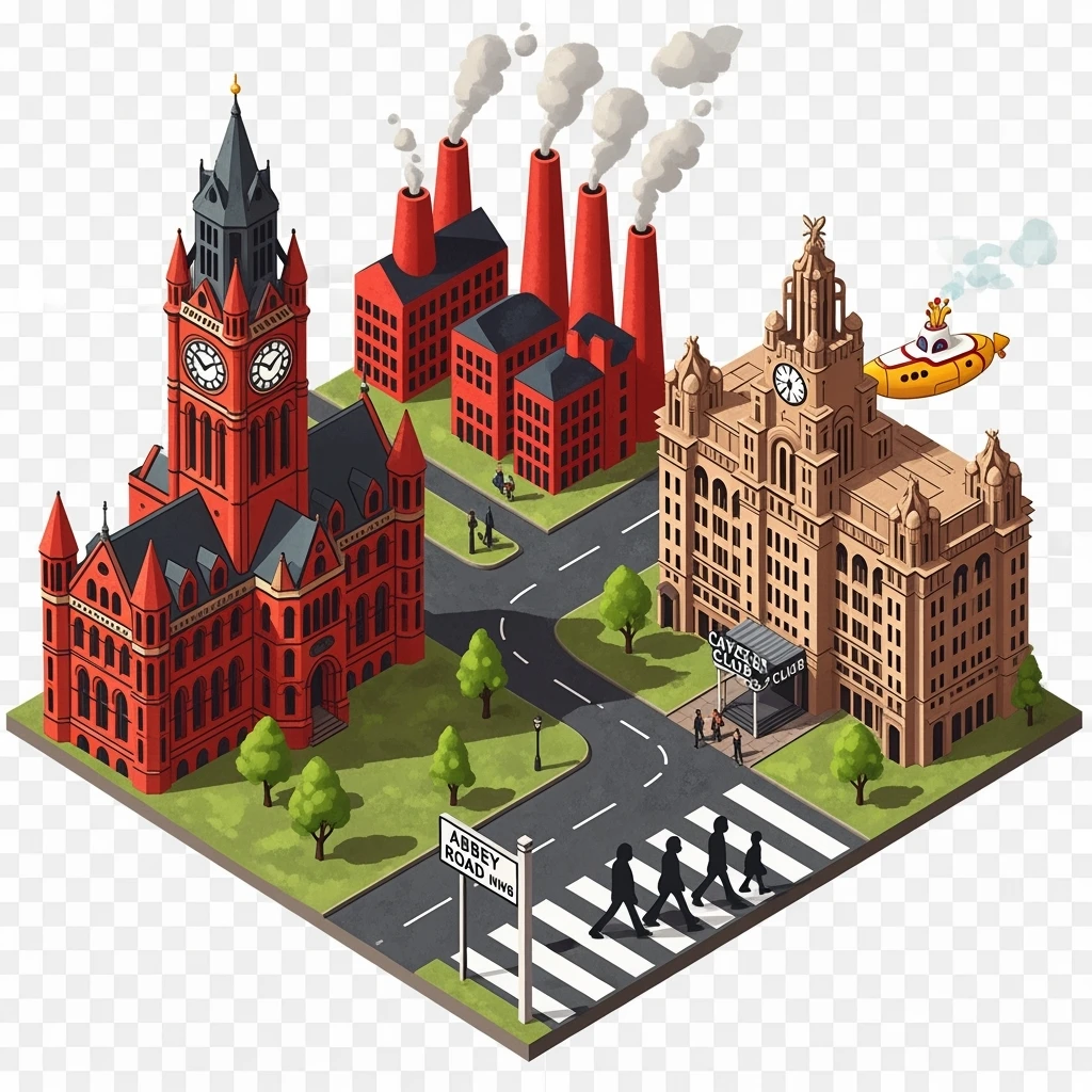 Isometric illustration of Manchester and Liverpool combined, featuring Beatles references (Abbey Road sign), Manchester Town Hall, toy-style factories, balanced between stylized painting and realistic, transparent background emoji