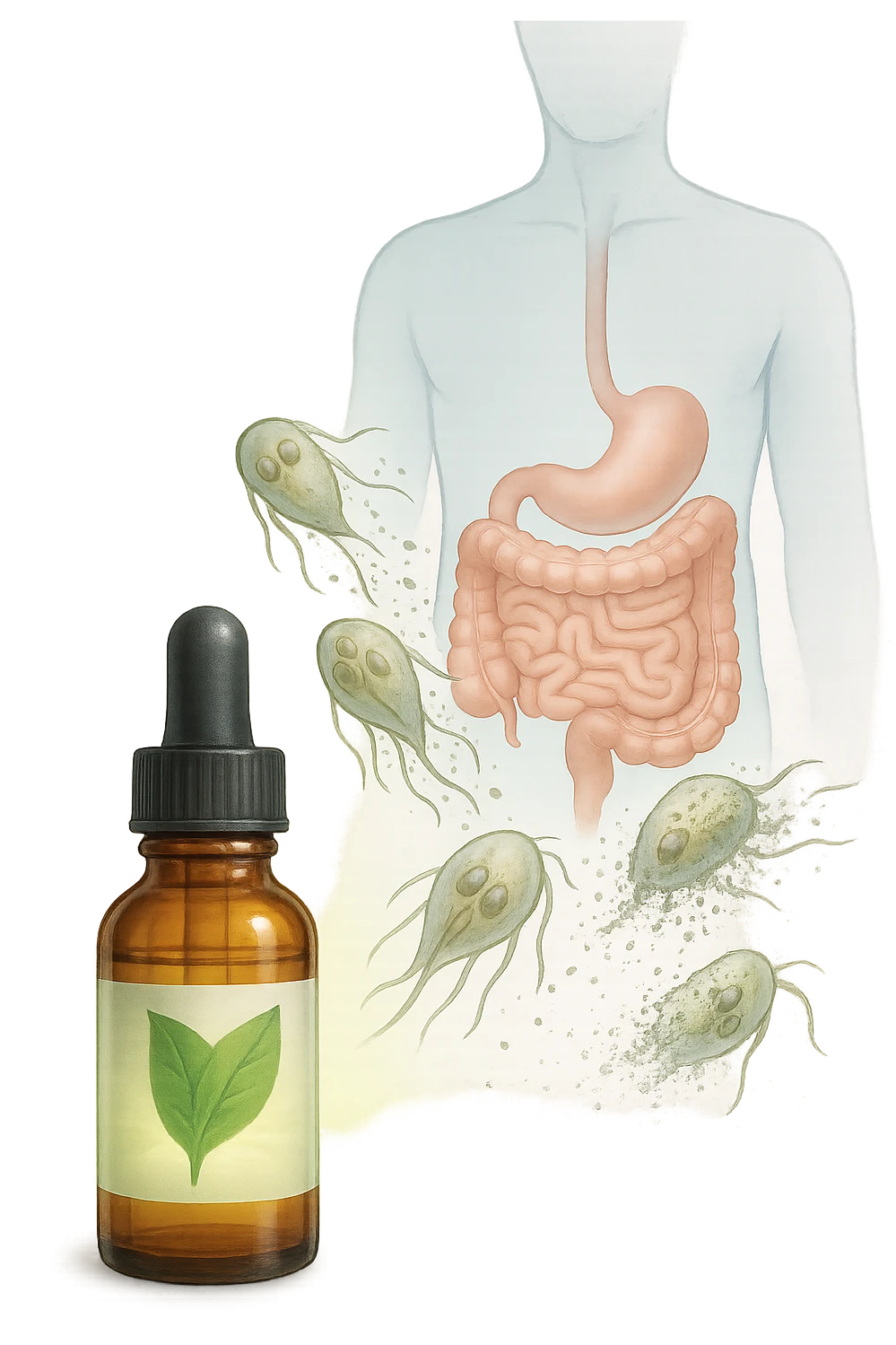 A realistic, high-quality medical illustration showing microscopic parasites leaving the human intestines, symbolically dissolving and breaking apart, after the intake of natural kinesiological drops. The drops are shown in a small amber glass dropper bottle in the foreground with a green leaf on the label, emitting a subtle glow symbolizing detox and cleansing. The background depicts a semi-transparent human silhouette with a highlighted digestive tract, showing clean, healthy intestines, while parasites in translucent fading colors are moving out, symbolizing elimination. The atmosphere is clean, fresh, and conveys a sense of natural healing, detoxification, and hope. emoji