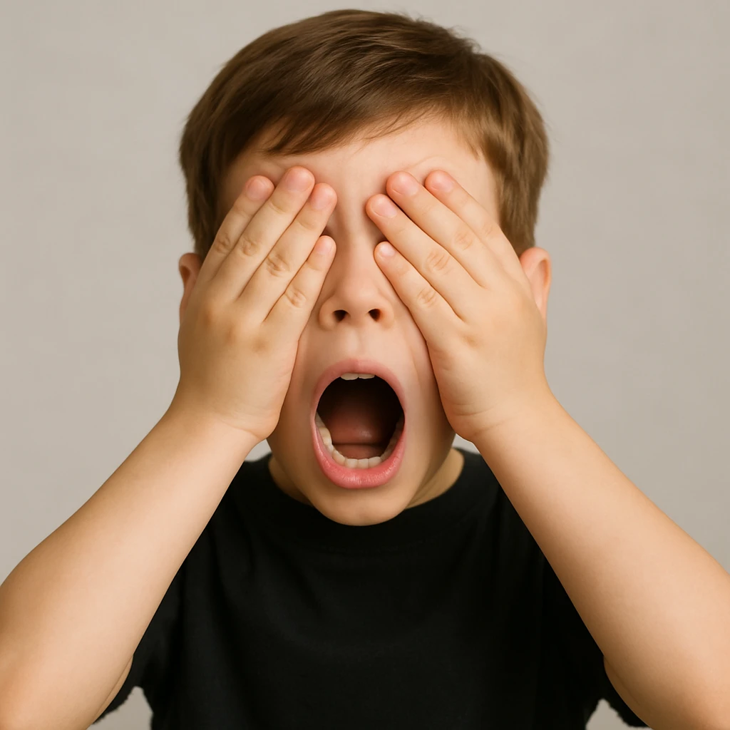 front image of a white boy with brown hair, wide open eyes, wide open mouth, hands covering his eyes, wearing a black shirt, front view emoji