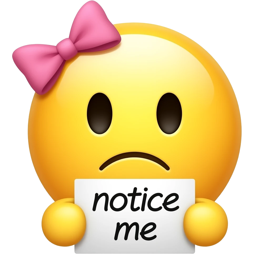 Yellow smiley with pink hairbow sad holding emoji up a sign that says "notice me" emoji