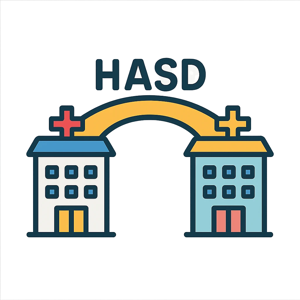 icon style illustration of a bridge connecting two different hospitals with the text 'HASD' standing on the bridge, clear and readable emoji