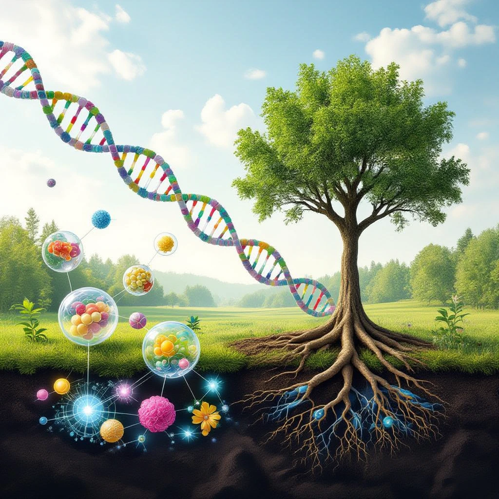 A realistic biological landscape showing: DNA strands transitioning into a tree, cells with visible organelles, neurons connected to plant roots  and a balanced ecosystem background . Seamless integration, no labels or borders. Scientific color scheme, detailed but minimalist. emoji
