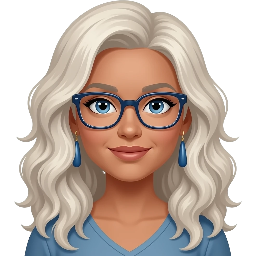 woman with long cool toned blonde loosely curled hair, rectangular glasses and tan skin, with blue dangly earrings emoji
