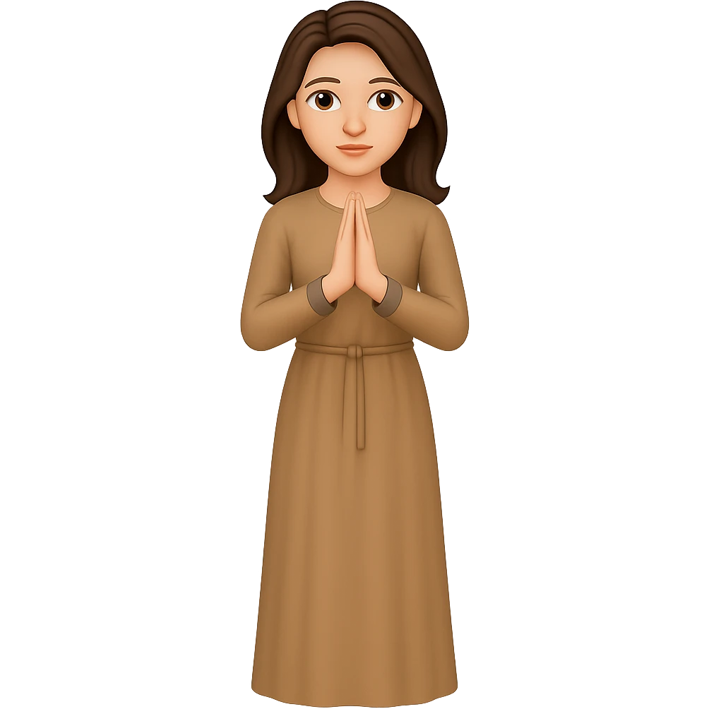Create a fourth variation of a woman standing and praying from the front view, wearing a long tan dress, with dark brown hair, matching the body figure of the reference image. The style should emulate emoji style. Remove the background. emoji
