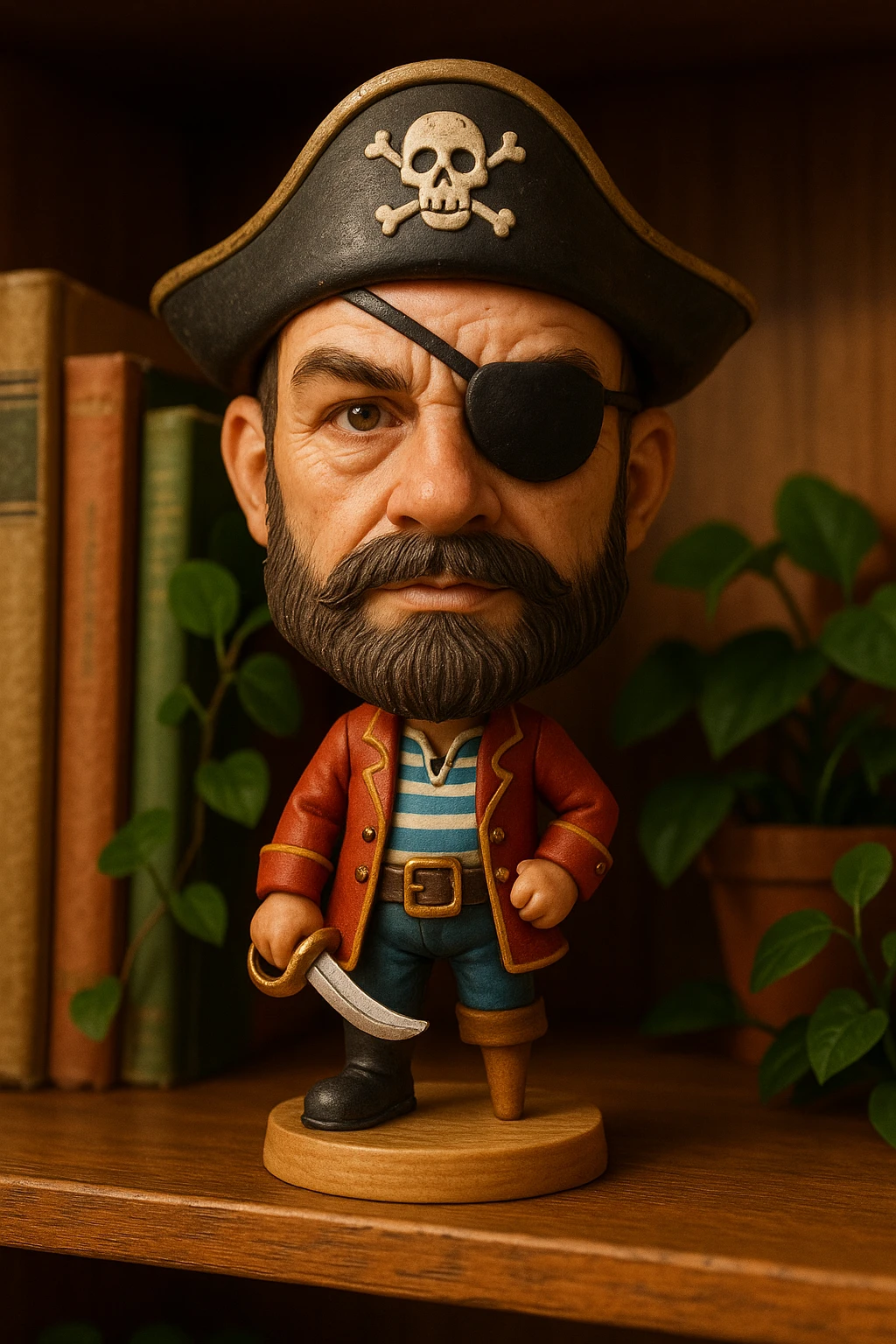 a pirate bobblehead, eye patch, hat, beard, playful emoji