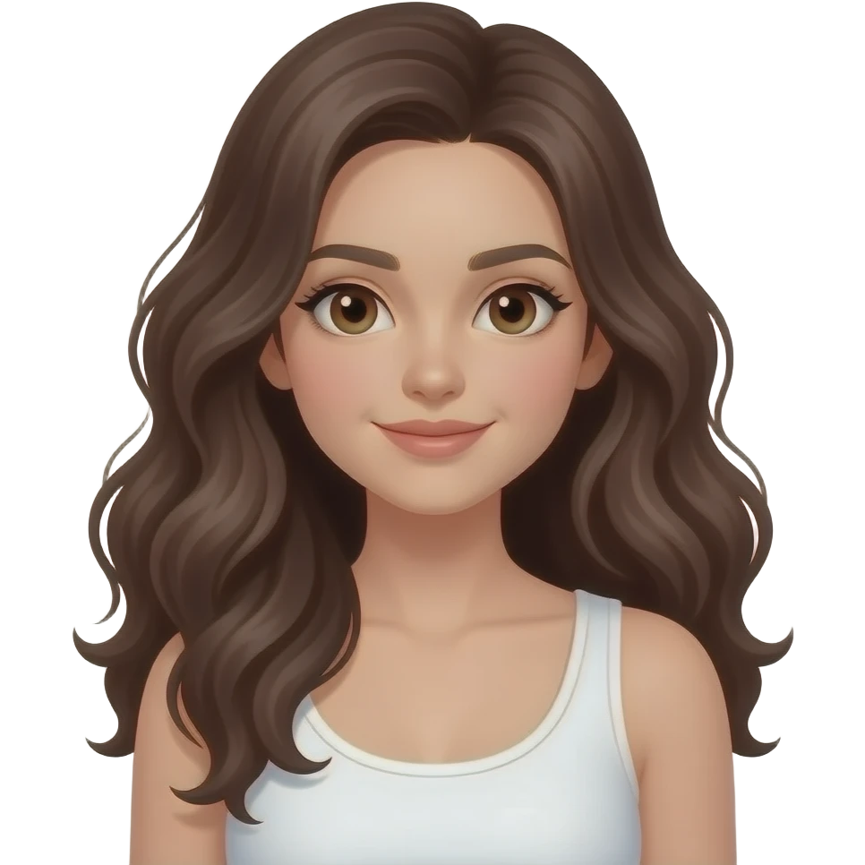 A girl with fair skin, brown eyes, long, incredibly wavy dark brown hair, wearing a white tank top emoji