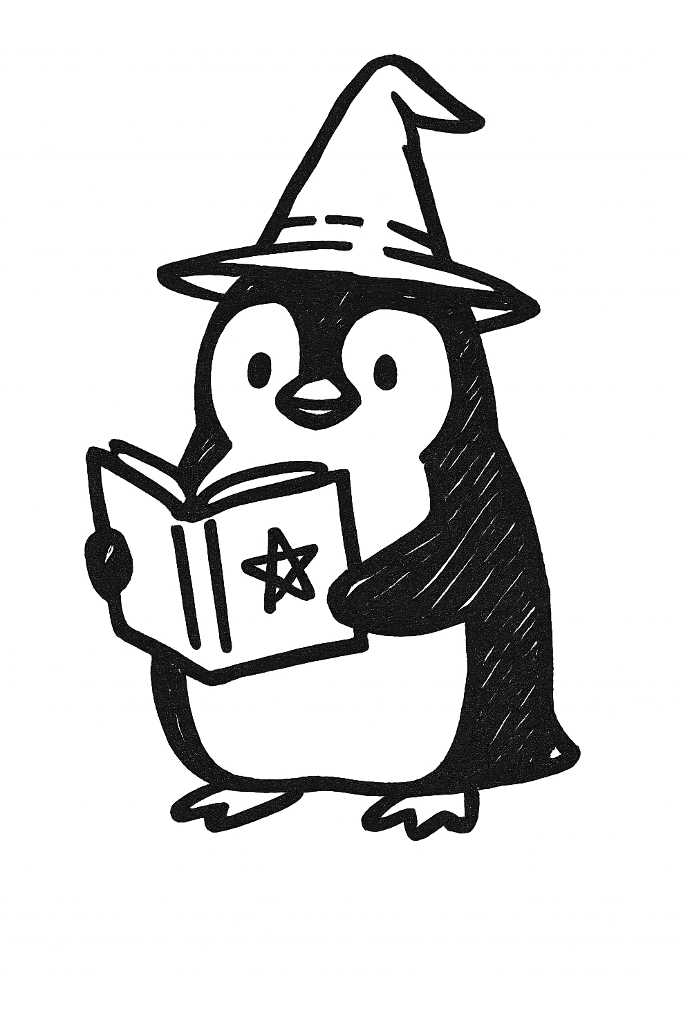 a penguin wizard wearing a pointed hat and holding a spellbook, hand-drawn sketch style emoji