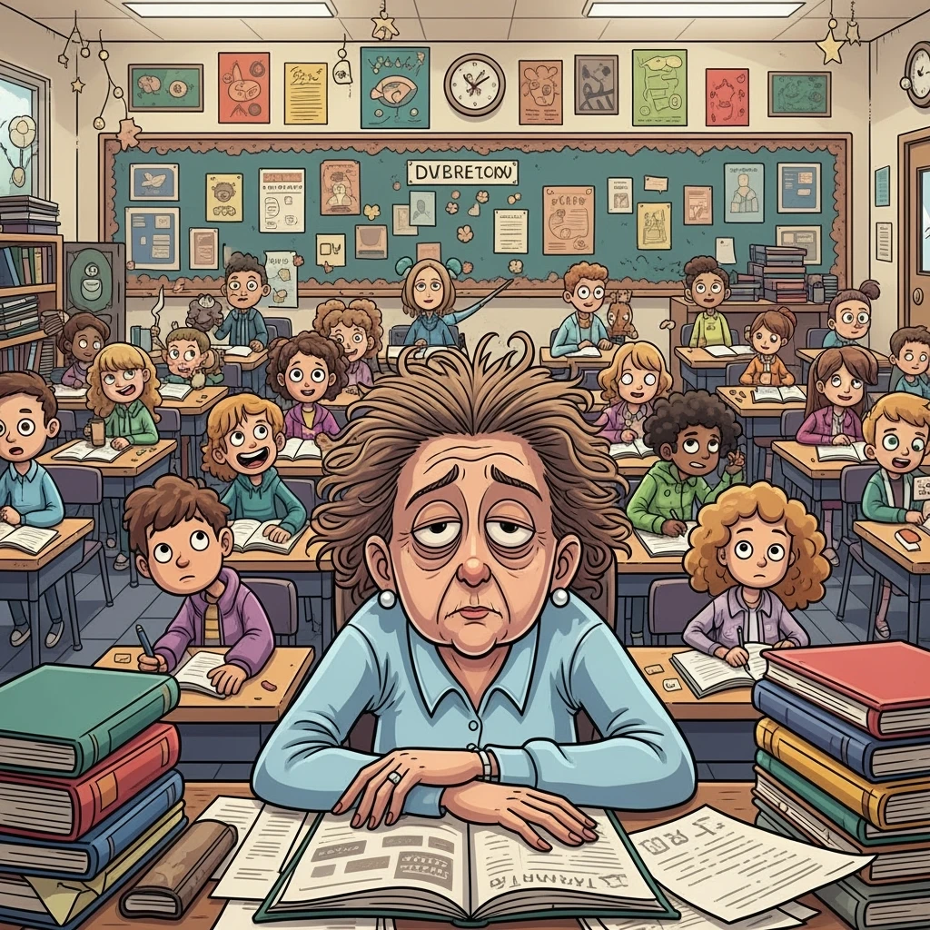 digital cartoon art of a exhausted teacher in a bustling classroom emoji