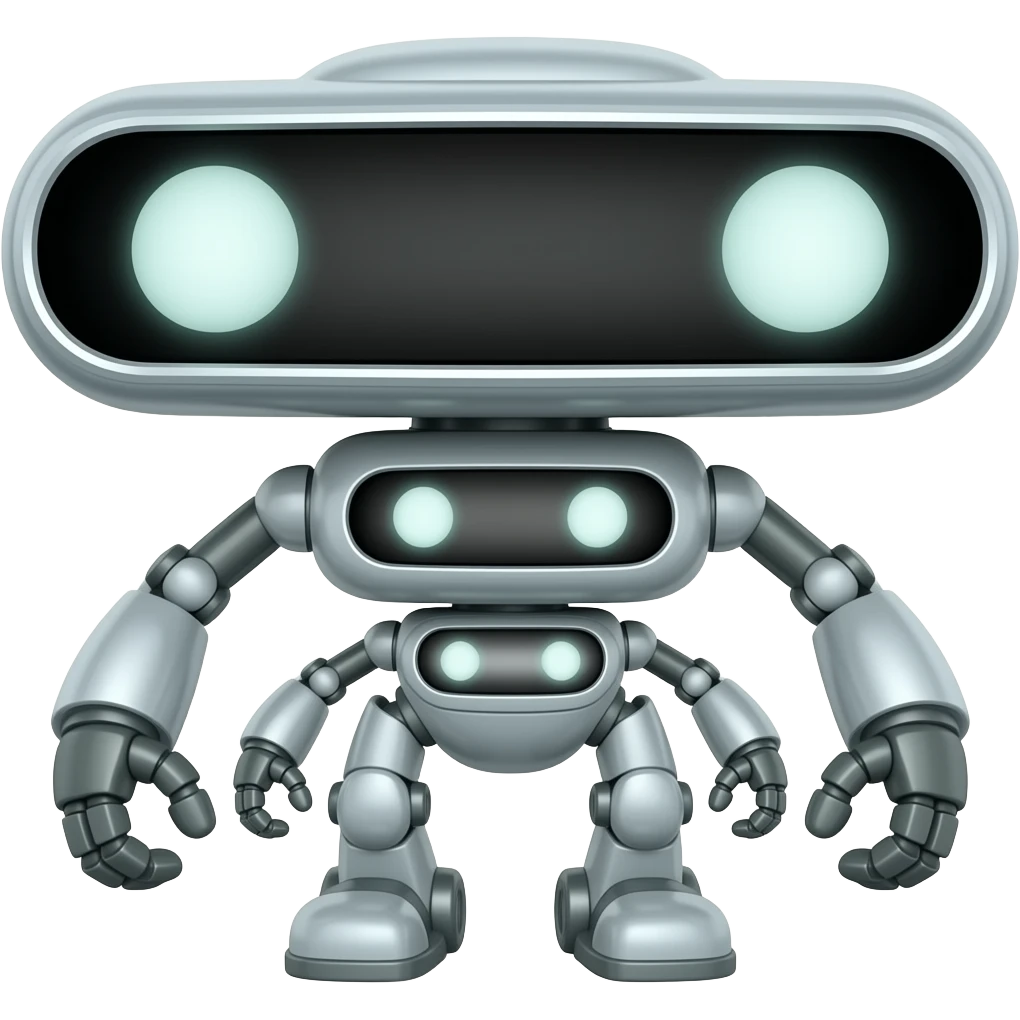 A platform with 2 legs facing forward with glowing white eyes and with no arms and also big carrying a tiny robot also made of plastic emoji