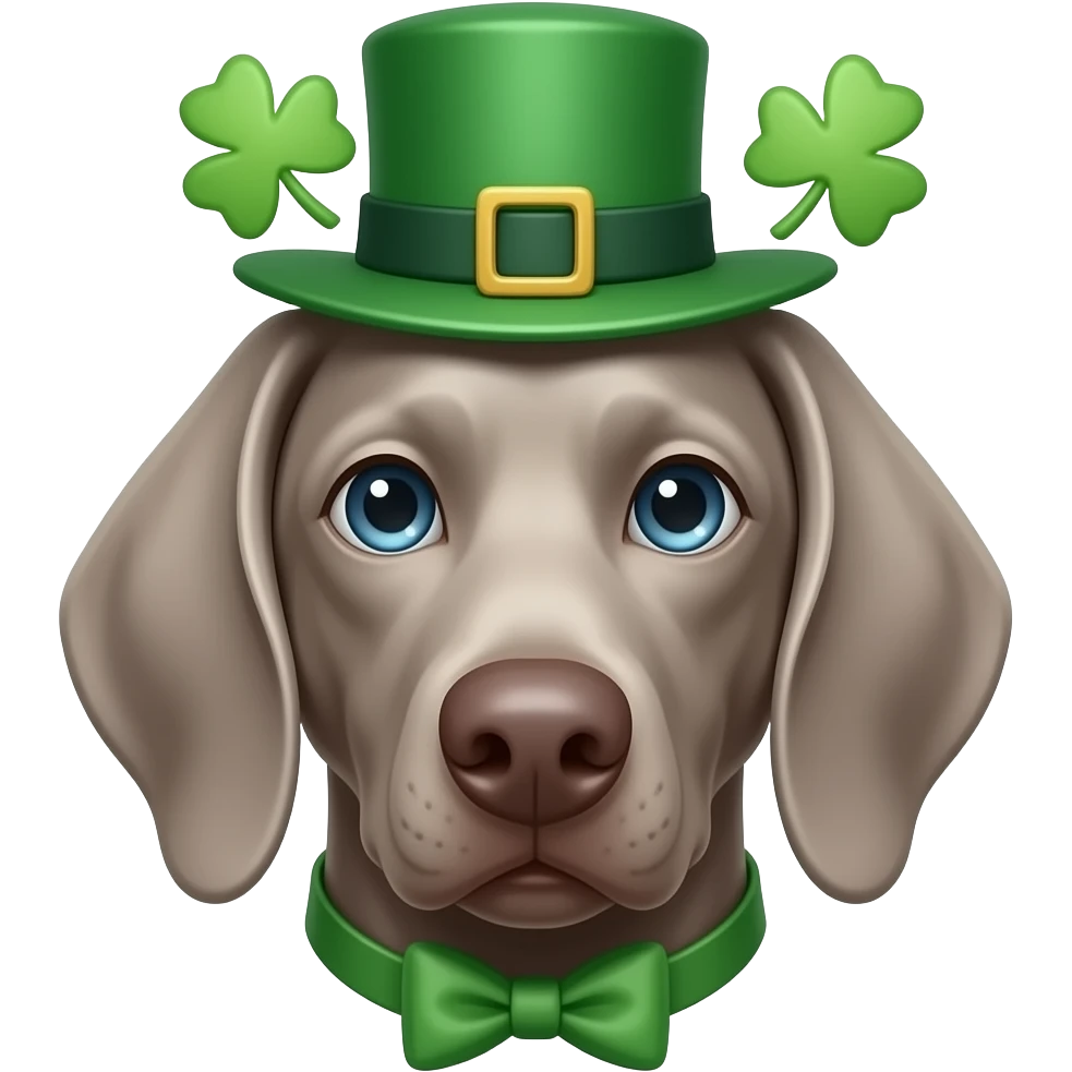 Blue eyed Weimeraner head with st Patrick’s day garb emoji