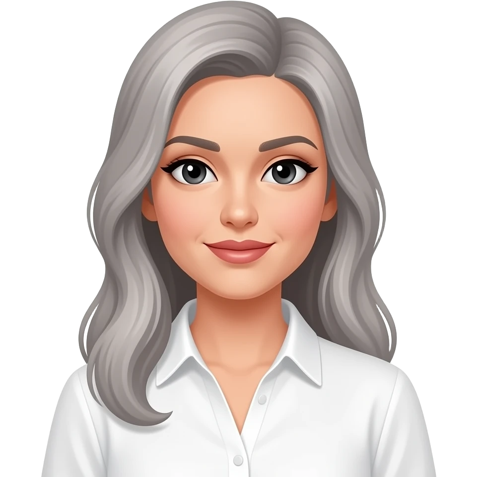 rich lady with black eyes and grey long hair, wearing a white blouse emoji