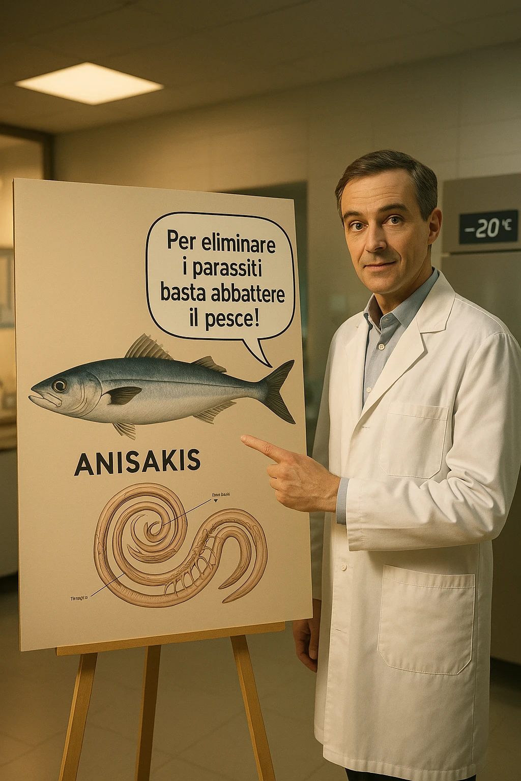 cinematic a scientist in a white lab coat stands beside a large poster showing a fish and a diagram of the Anisakis parasite. The scientist points to a speech bubble that says, “Per eliminare i parassiti basta abbattere il pesce!” In the background, a blast freezer is visible, with a temperature gauge set to -20°C. The mood is informative and reassuring. In italiano emoji