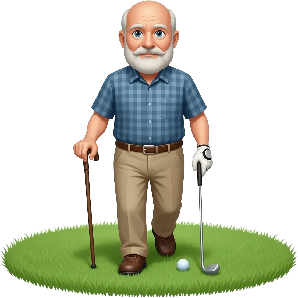 old man with no hair, a beard walking the golf course with a cane and golf club emoji
