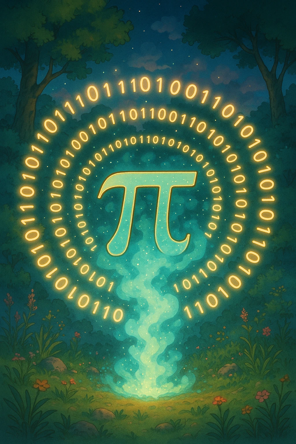  combine the π (pi) math symbol, binary code, and digital mist emerging from it. emoji