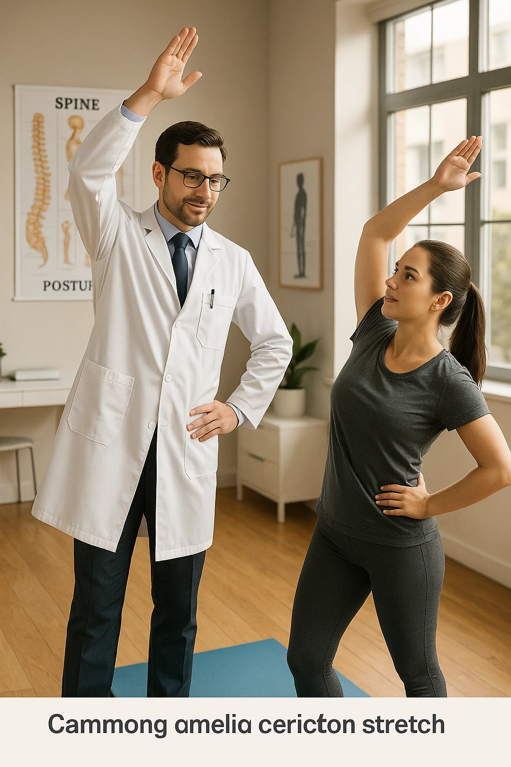 A realistic, cinematic illustration of a professional doctor in a white coat inside a bright, modern medical office, demonstrating a simple stretching exercise to a patient for improving posture. The doctor, calm and encouraging, shows a gentle spinal extension stretch while explaining its benefits for posture and spinal health, with an anatomical poster of the spine and posture alignment in the background. The scene includes a yoga mat, clean wooden floors, and natural light streaming through large windows, creating a warm, health-focused atmosphere. The patient, in comfortable activewear, watches and mirrors the stretch, emphasizing the preventive and therapeutic role of stretching for posture correction under medical guidanc emoji