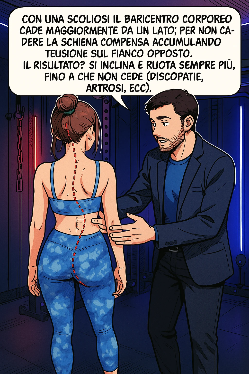 fai questa immagine in versione manga/webtoon a colori, il manga mostra la donna di spalle, mentre l'uomo le tocca la spina dorsale per spiegarle come funziona la scoliosi:
Con una scoliosi il baricentro corporeo cade maggiormente da un lato; per non cadere la schiena compensa accumulando tensione sul fianco opposto.
Il risultato? Si inclina e ruota sempre più, fino a che non cede (discopatie, artrosi, ecc) emoji