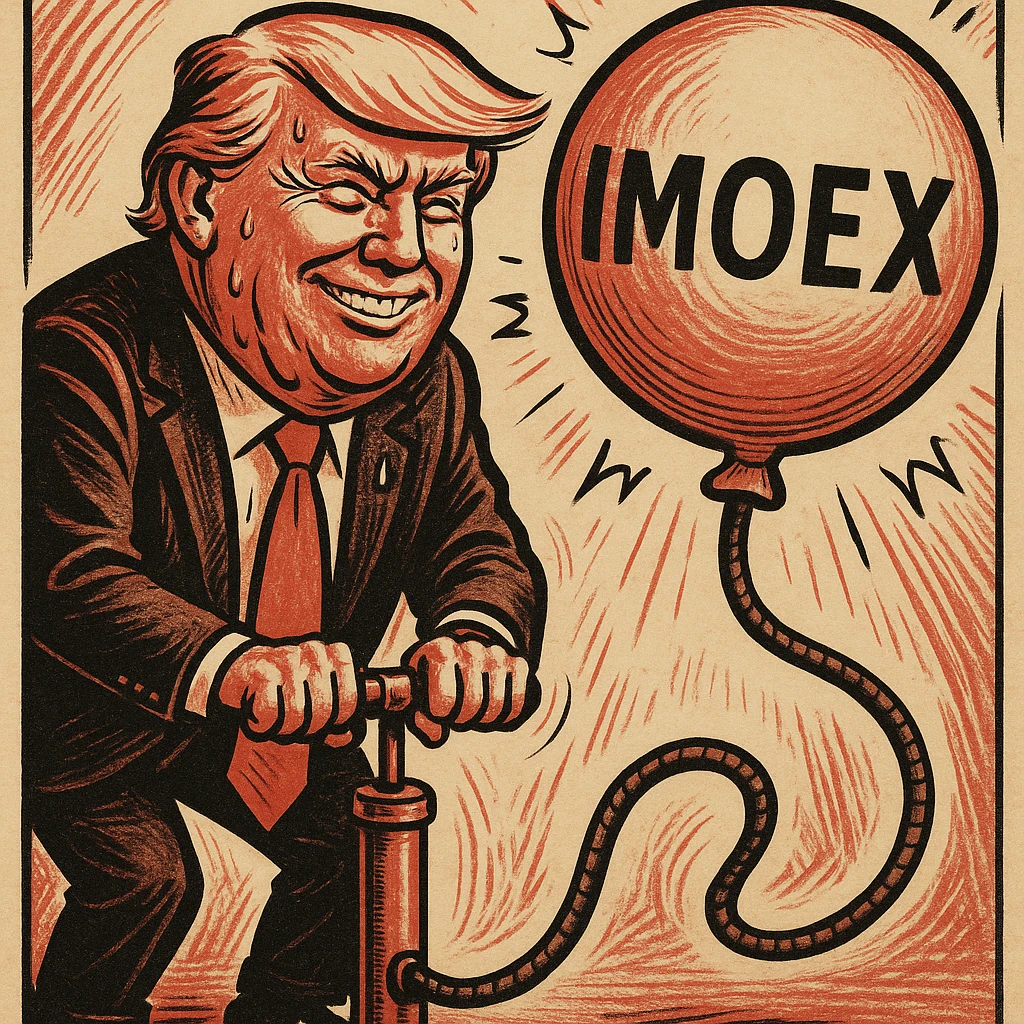 Дональд Трамп в стиле пропагандисткой карикатуры улыбается в поте лица качает через насос, который подключен к шарику, который символизирует фондовый рынок и на нём написано IMOEX emoji