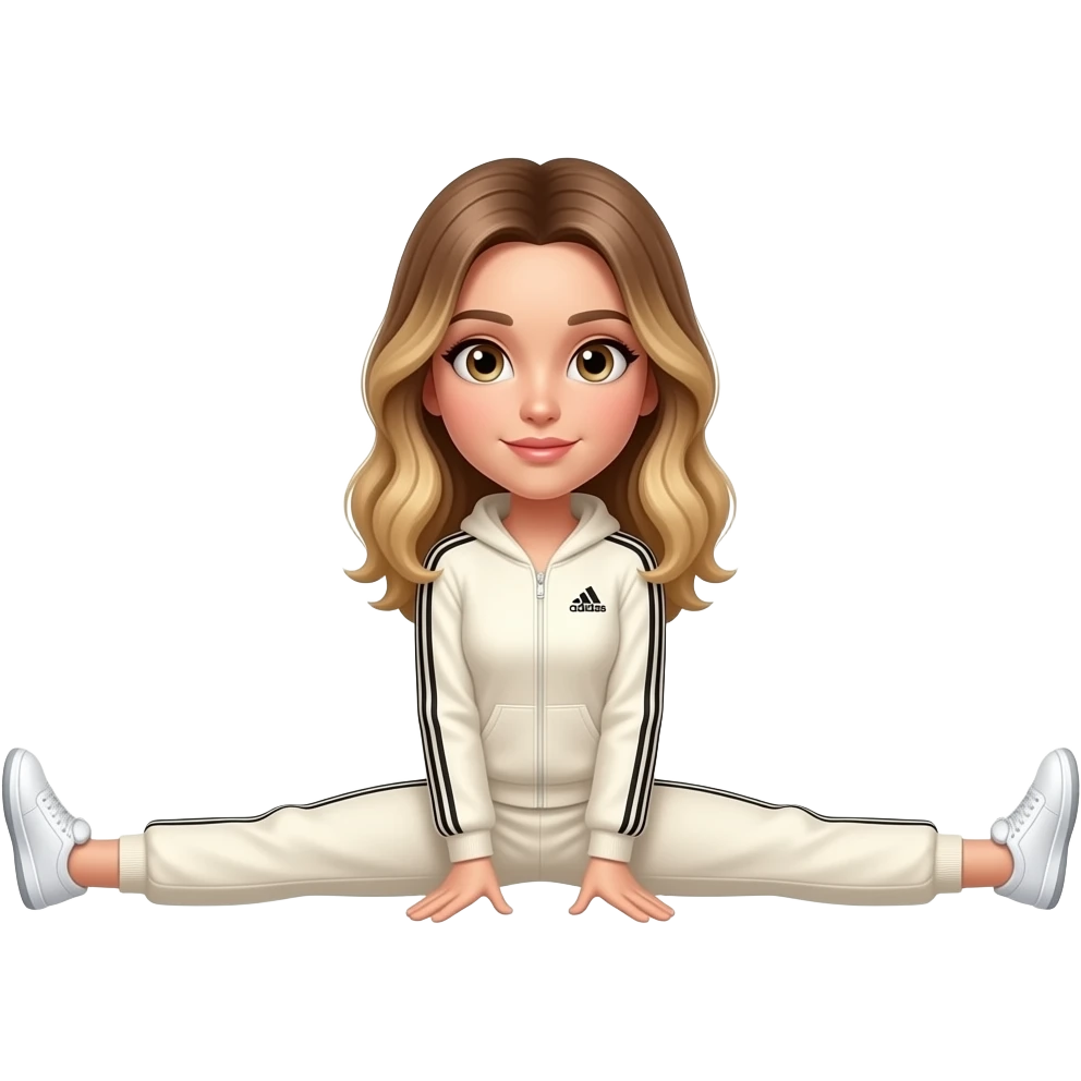 Light brown hair with blonde highlights, thin long face, mid length hair, cream adidas track suit, doing the split in a gif moving emoji