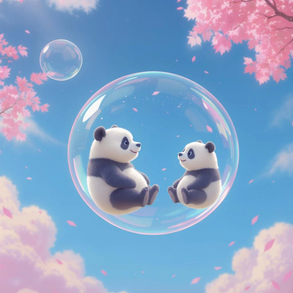 Minimalistic Cinematic still of pandas bears sitting inside flying bubbles, blue sky filling background , pink clouds, pink leafs falling around, disney style emoji