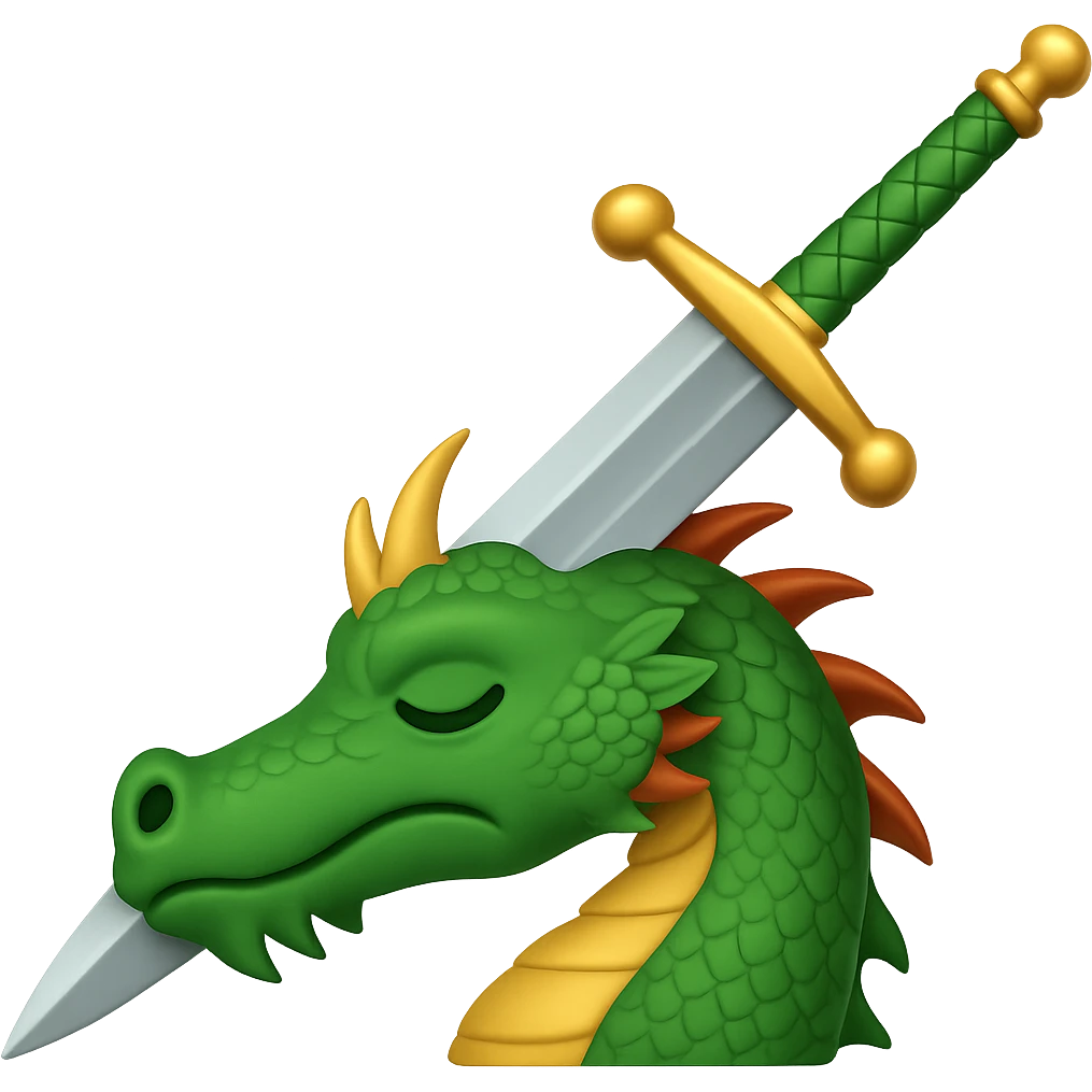 Make the sword much larger, keep the green dragon's head defeated, symbolizing conquering a challenge, in WhatsApp emoji style with no background. emoji