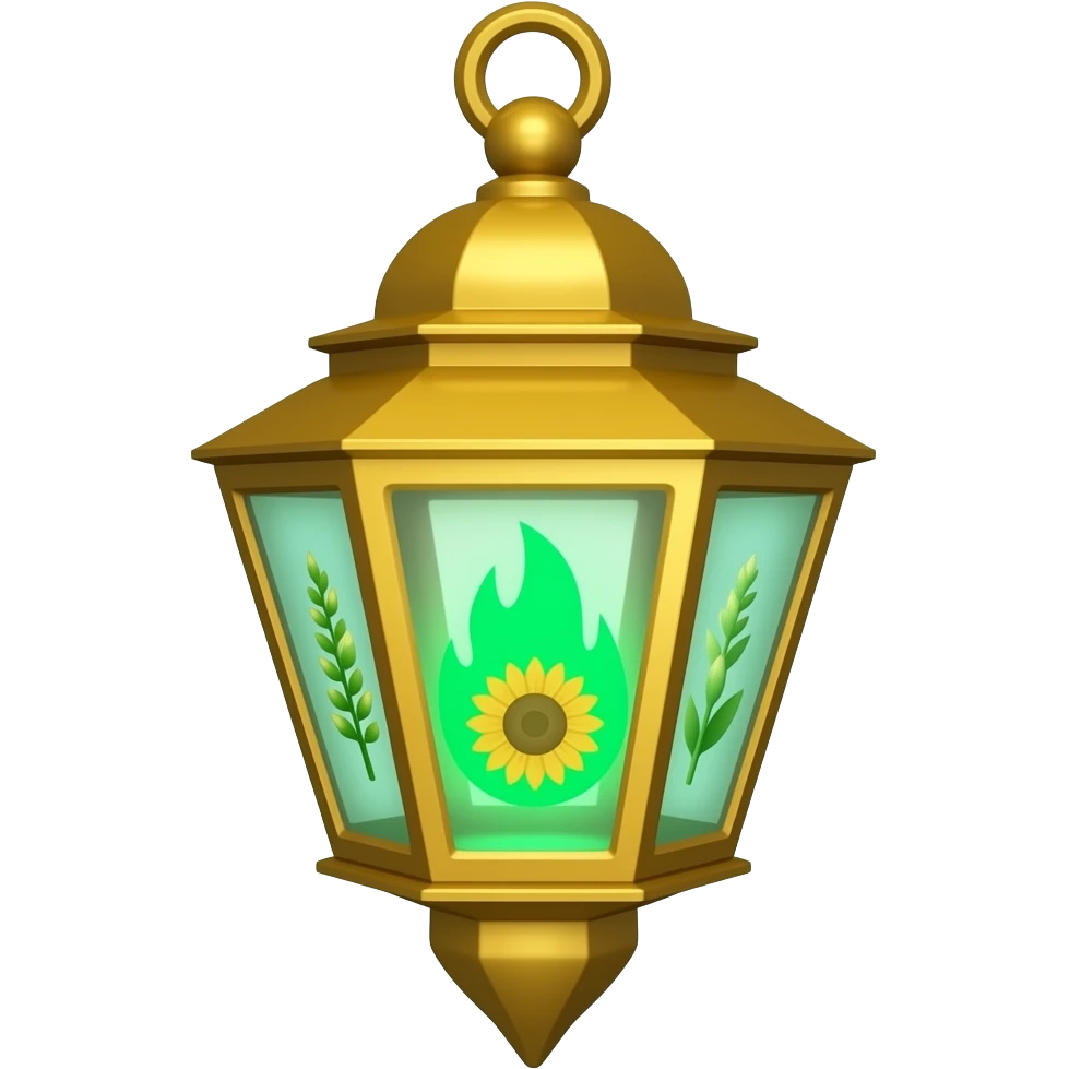 A golden hanging lantern with a bright emerald flames, an empty loop on top, sunflower & asphodel themed structure, but simple focus more on the green flames, paint the glass more green, have its bottom point come to some sort of point emoji
