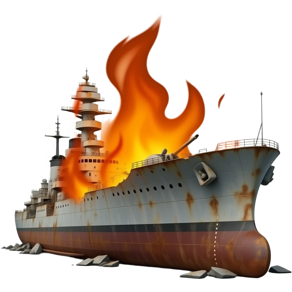 destroyed warship rusty on fire emoji