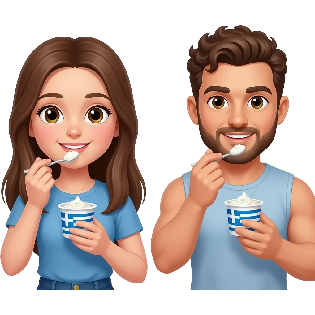 Realistic pale skin brown long straight hair girl eating greek yogurt and her short brown curly hair and beard muscular man eating greek yogurt HD emoji