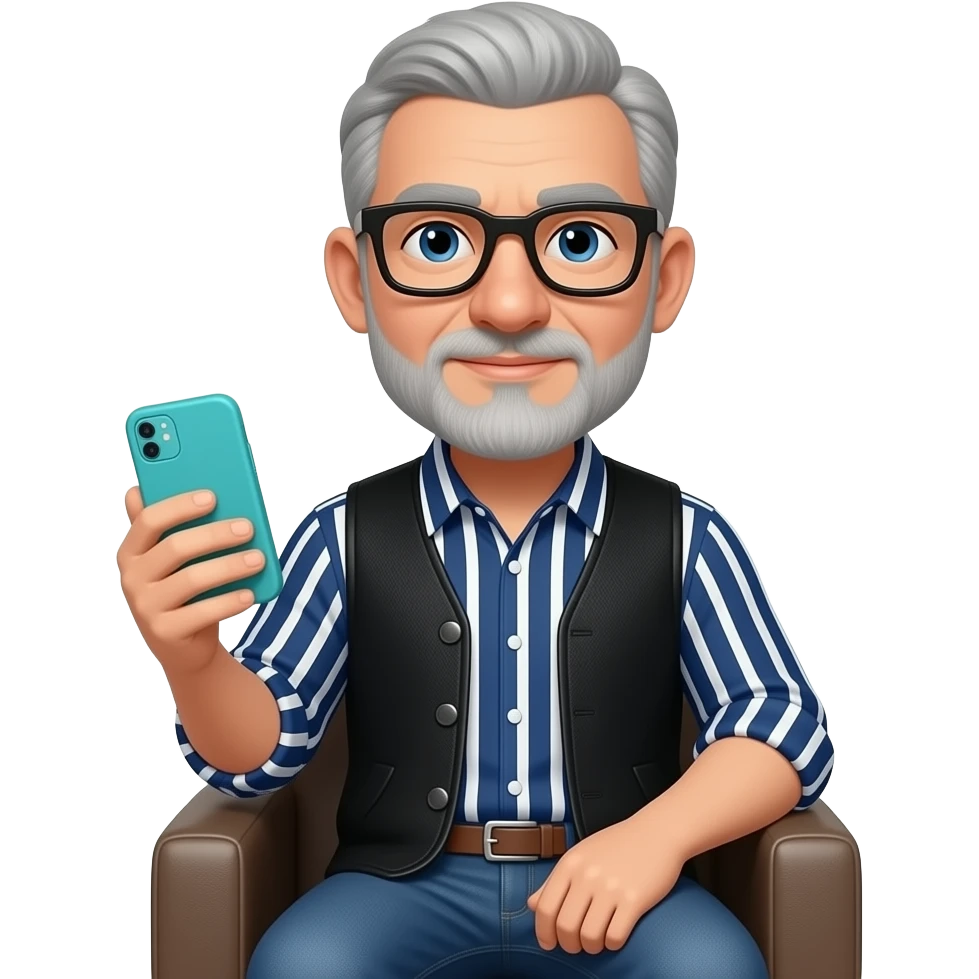 Señor sentado orejas grandes gafas cuadradas azul oscuras nariz grande y un poco de barba gris clara y poco pelo canoso Está con un teléfono móvil de funda turquesa y una camisa azul marino con líneas blancas verticales y horizontales encima un jersey de tela sin mangas negro y vaqueros azules. emoji