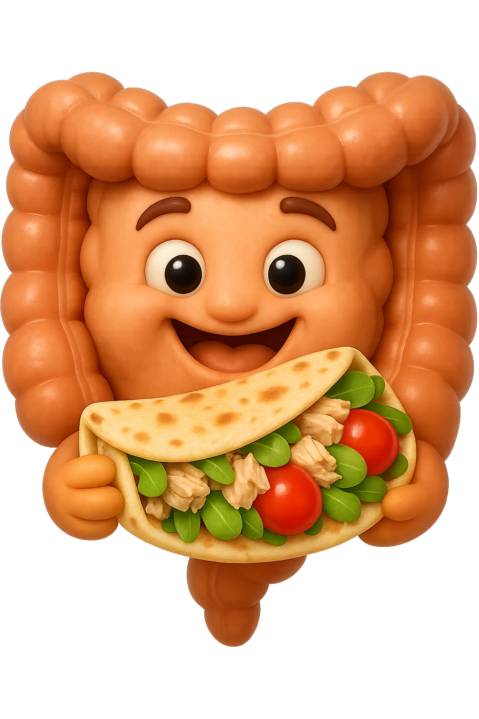 EMOJI STILE IPHONE DI un intestino che mangia una piadina con tonno, valeriana e pomodorini, iperrealistica 4k emoji