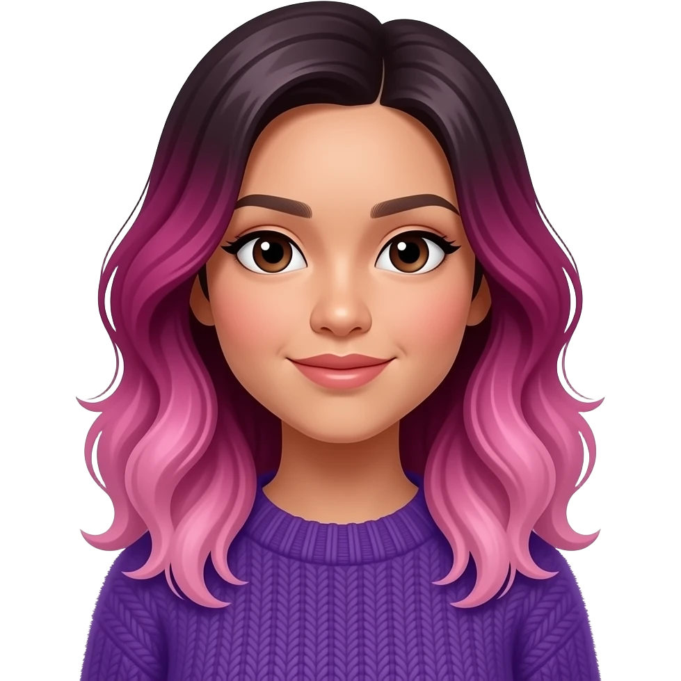 medium skinned vietnamese woman with dark brown medium eyes with slightly wavy ombre hair that is magenta at the top fading to light pink at the bottom, wearing a deep purple fluffy sweater emoji