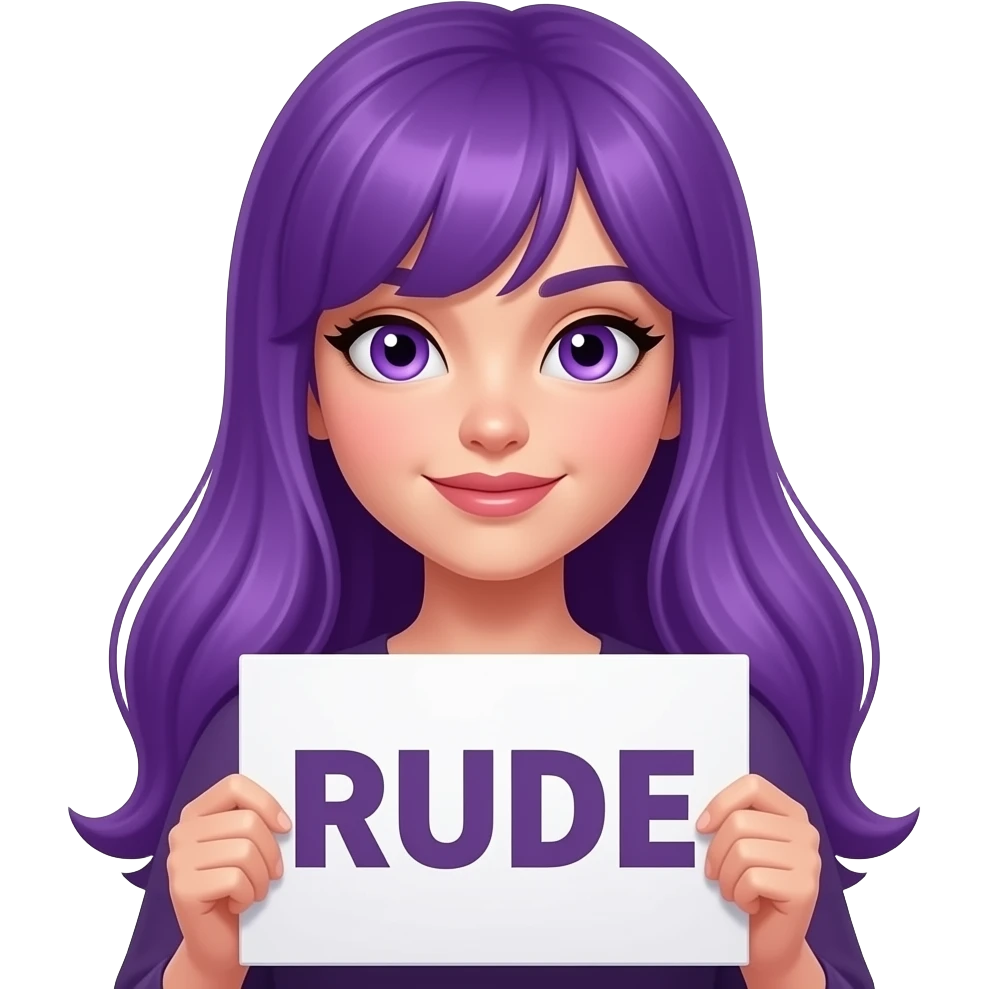sexy girl with long purple hair and purple eyes holding a RUDE sign emoji