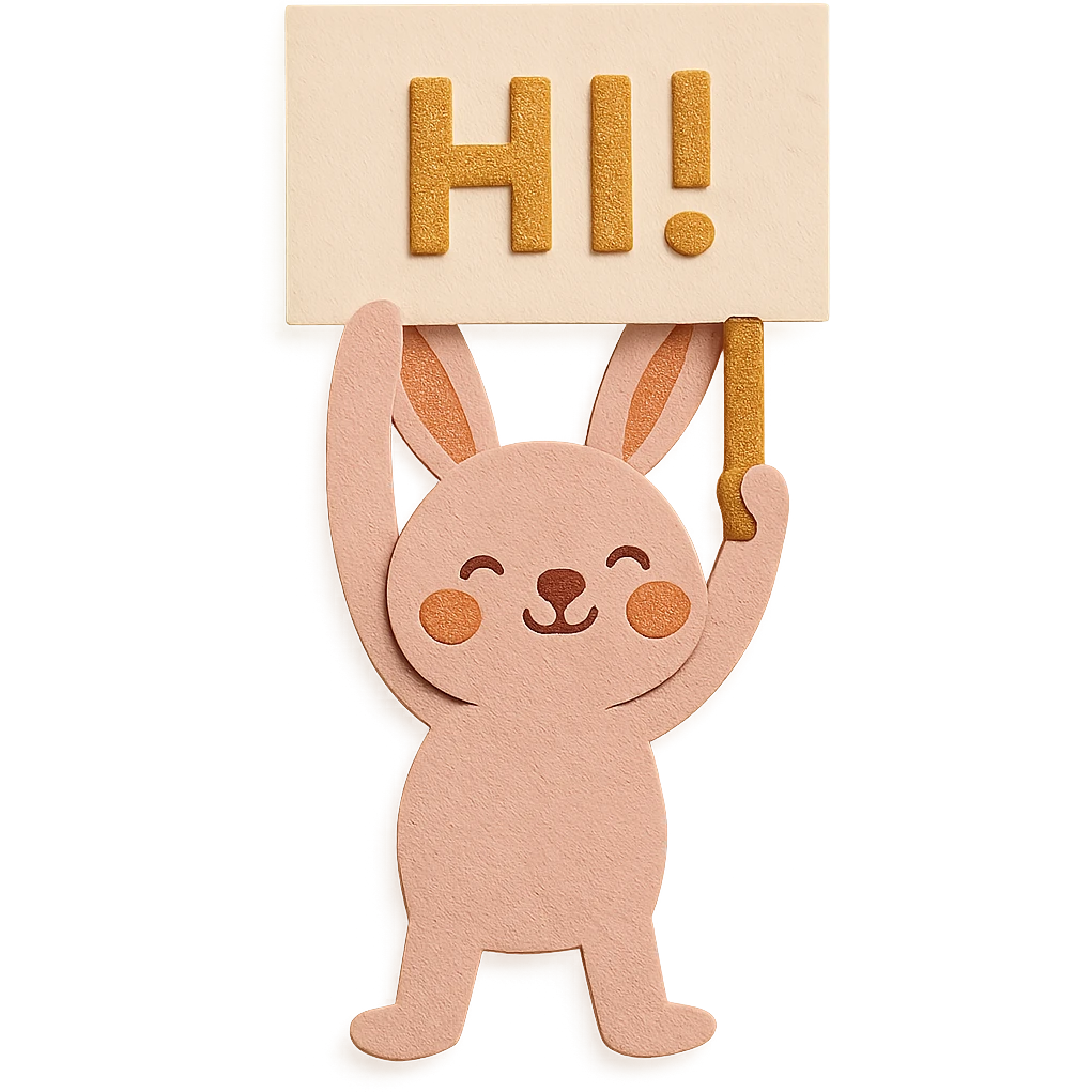 full-body rosy bunny holding a signboard high above its head, paper-craft style emoji