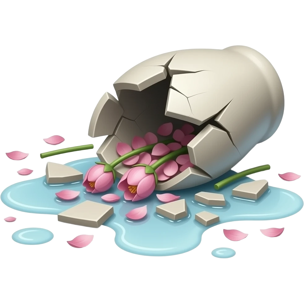 A shattered vase on the floor, broken into pieces. Flowers scattered around with petals and bent stems, water spilled creating small puddles. emoji