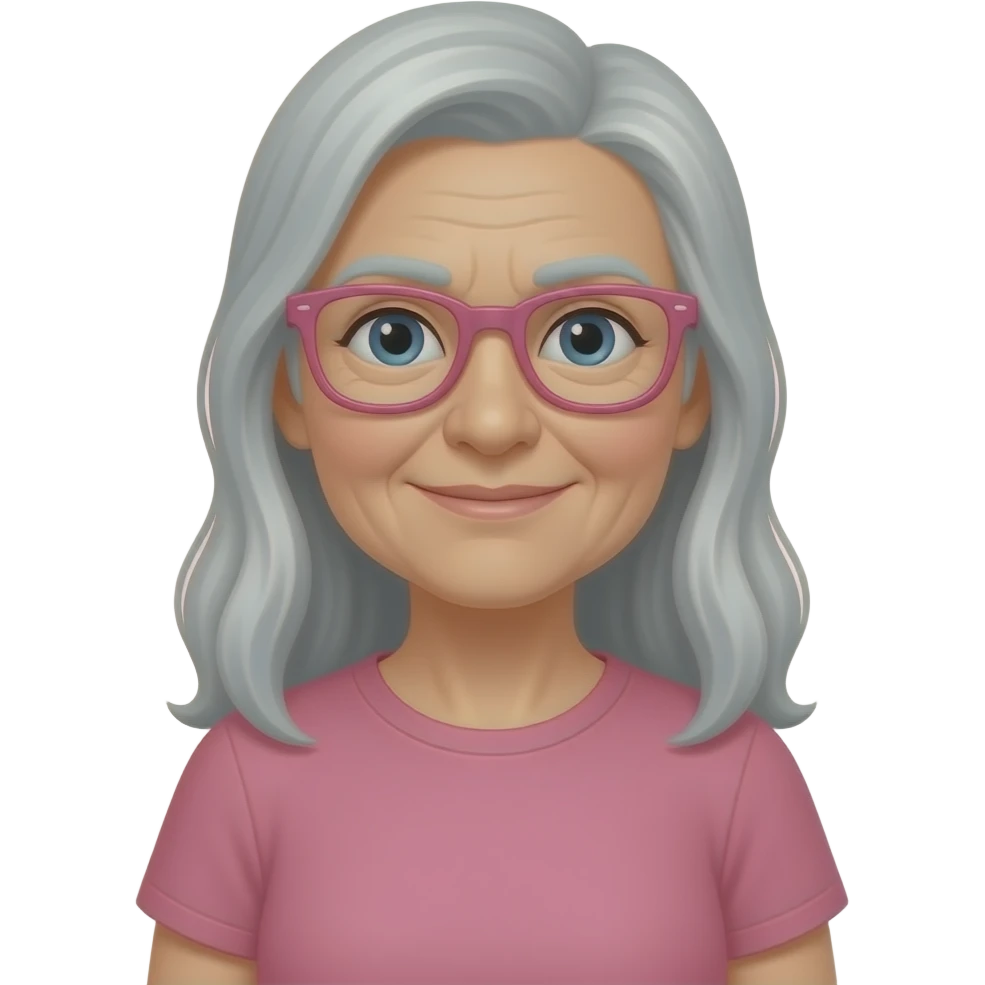 Une femme âgé avec des lunette rose et de long cheveux gris et un nez crochu et un t-shirt rose qui crit emoji