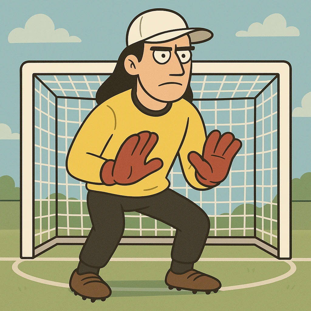 un portero de fútbol con uniforme amarillo, gorra blanca, cabello largo negro, pantalón negro, guantes rojos y expresión seria, estilo cartoon emoji