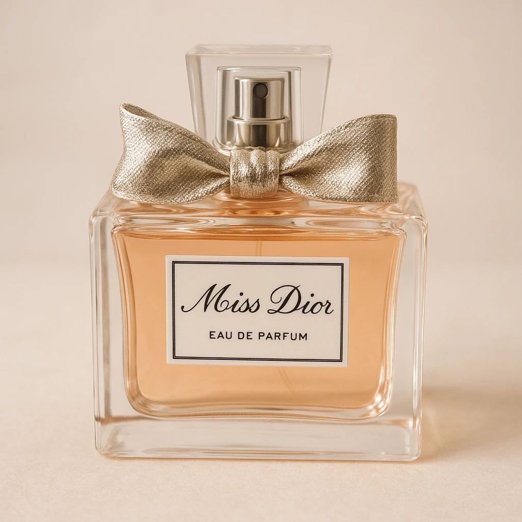 Miss Dior perfume bottle, with bow, delicate, luxury, realistic style emoji