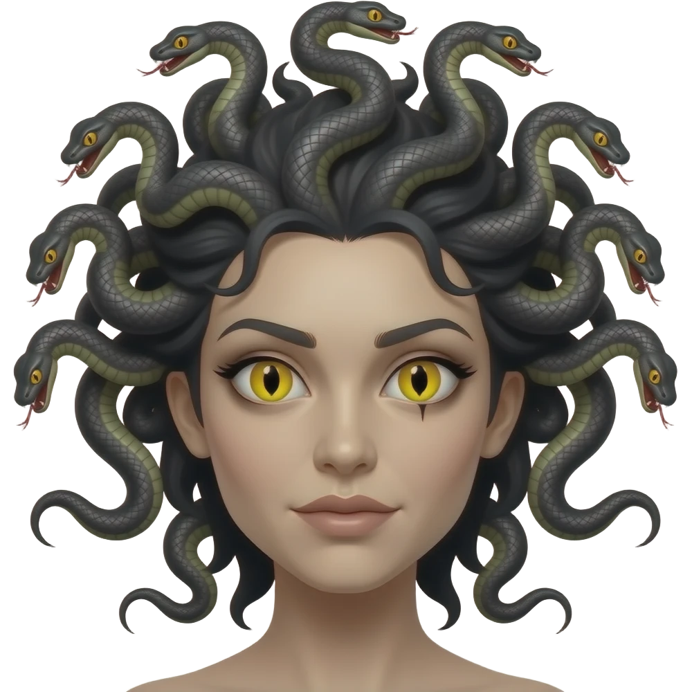 Medusa with yellow eyes and a black slit for a pupil that looks snake like and  with a head full of scary snakes emoji