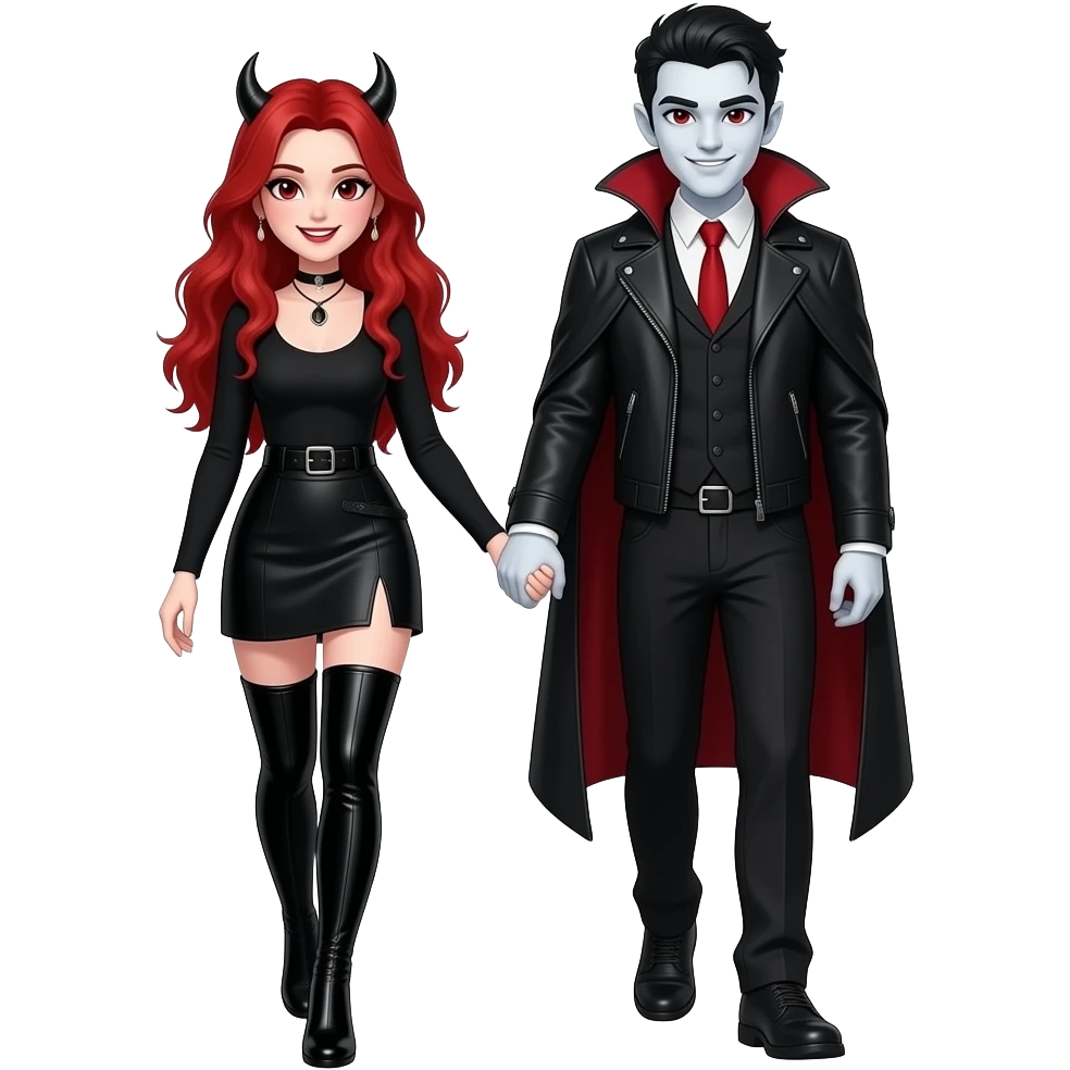 Vampiro femmina ADOLESCENTE con pelle bianca e capelli rossi lunghi che indossa una gonna corta nera e un top con le maniche lunghe e degli stivali lunghi neri con tacco che cammina e tiene per mano il suo ragazzo VAMPIRO con la pelle bianca e la IL COMPLETA DA UFFICIO e sono felici emoji