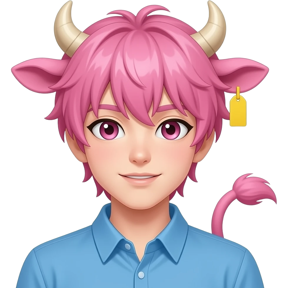 anime femboy with cotton-pink curvy bangs with cow horns and pink cow ears with pink cow tail with white eyelashes and blus with yellow tag in his cow ear emoji