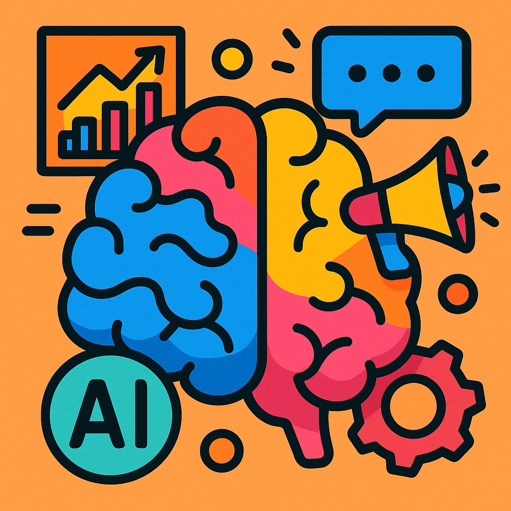 stylized brain with marketing symbols like graph and chat bubble, showing AI-driven marketing innovation, vibrant toon style emoji