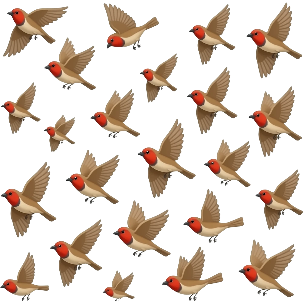 A detailed 3d render iPhone emoji icon of a detailed Brown and red color 3D Render iPhone emojis of a flock of brown and red color songbirds flying in the air emoji